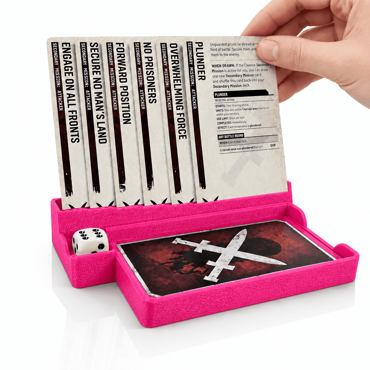 Pink PLA 11th Edition Mission Deck Card Stand and Holder with cards and die for display